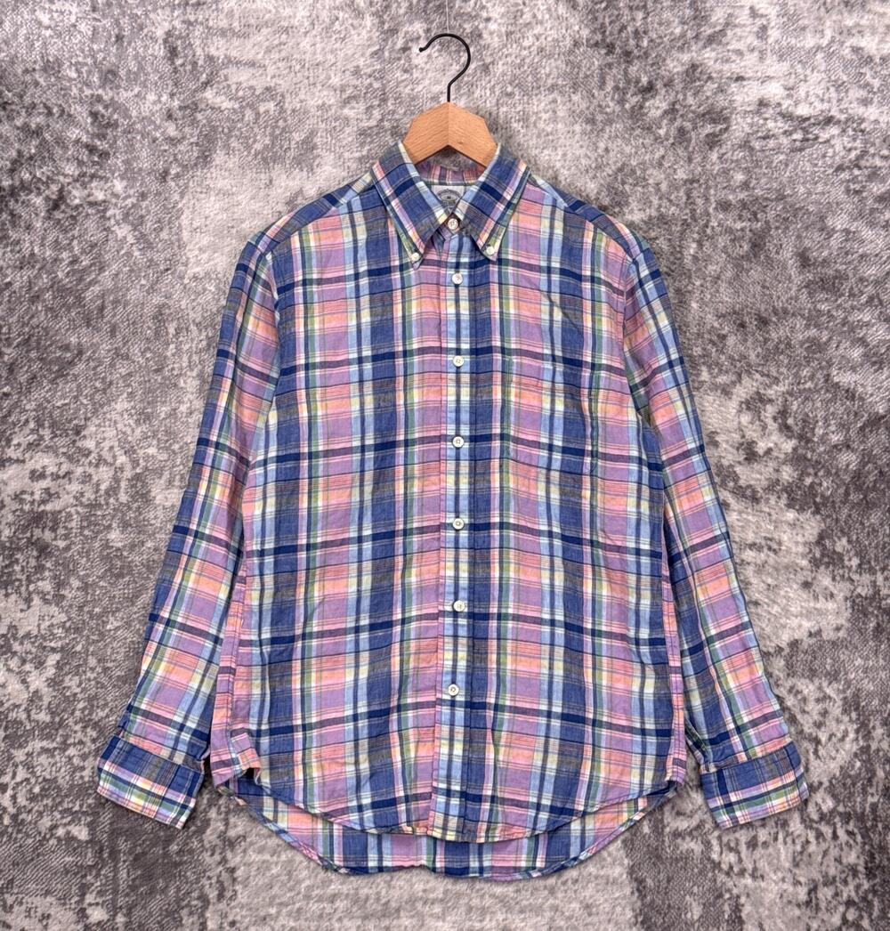 Brooks Brothers Regent Shirt Medium Mens Irish Linen Colorful Plaid Check